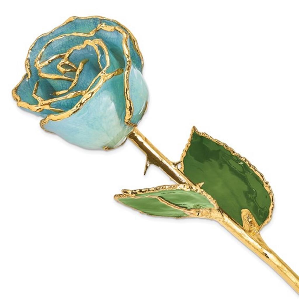 Lacquer Dipped Gold Trimmed Aquamarine Blue Real Rose