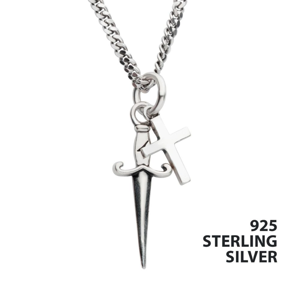 Mens Sterling Silver Dagger & Cross Duo Pendant w/Chain 20/22"