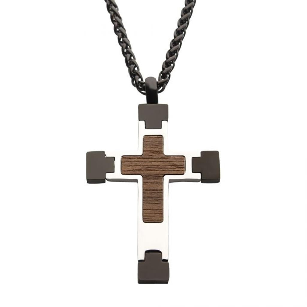 Steel Cross Pendant with Walnut Wood Inlay, with Black Wheat Chain