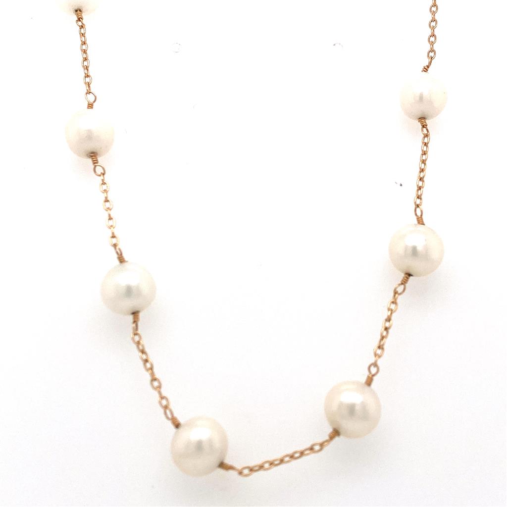 14K Yellow Gold White Pearl Station Necklace (Estate)