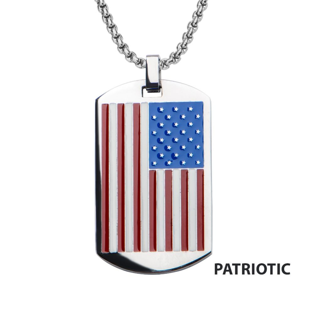 Mens Stainless Steel American Flag Dog Tag Pendant w/Chain