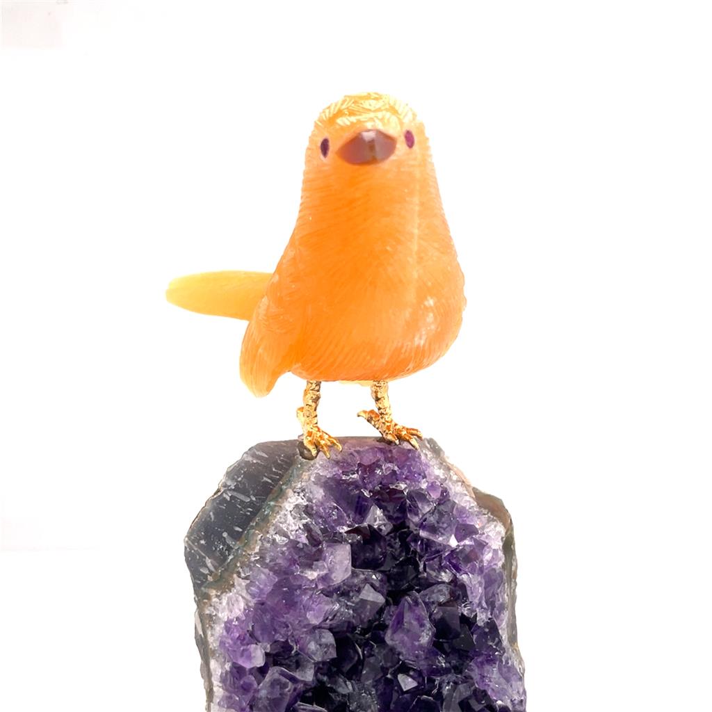 Hand-Carved Citrine Quartz Bird on Amethyst Crystals