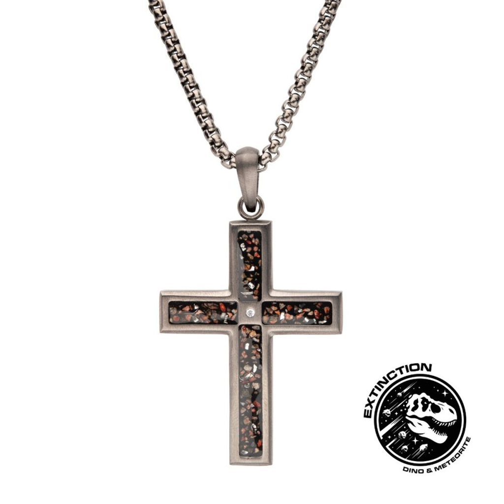 Mens Gun Metal IP Steel Black Dinosaur Bone Inlay Cross Pendant Necklace