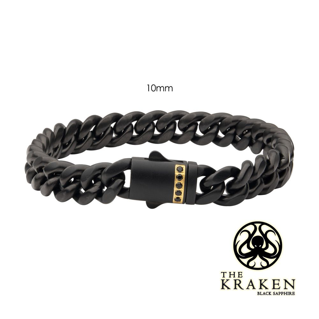 Mens Black IP Steel Cuban Chain w/Black Sapphire Gem Bracelet
