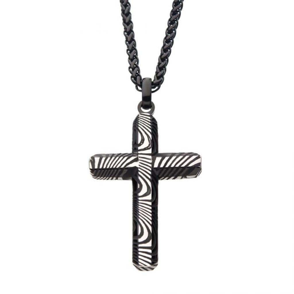 Stainless Steel & Black IP Damascus Cross Pendant