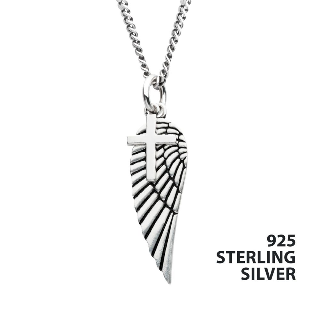 Mens Sterling Silver Wing and Cross Duo Pendant Necklace 20/22"