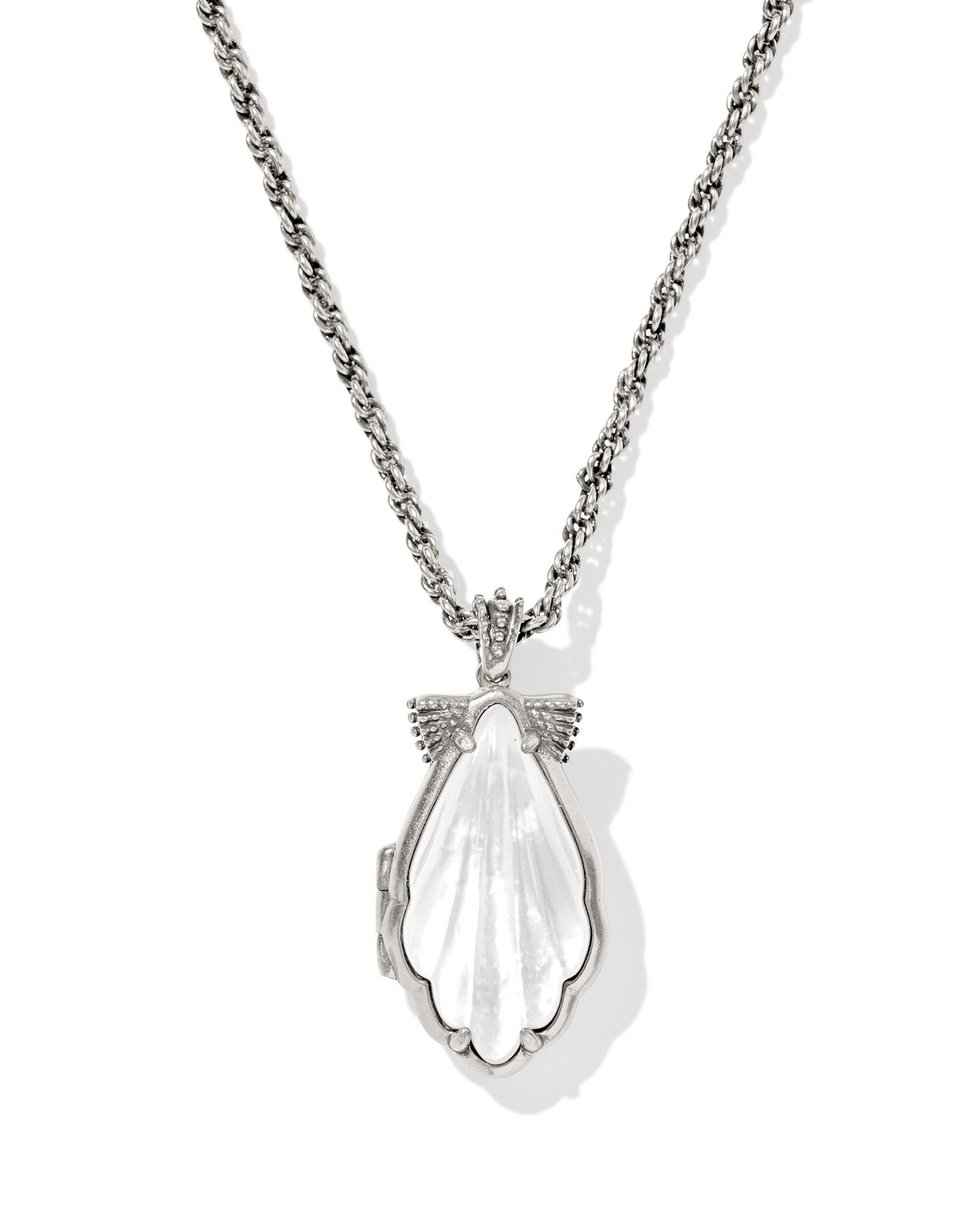 ALEXA LOCKET SHORT PENDANT NECKLACE VINTAGE SILVER IVORY MOTHER OF PEARL