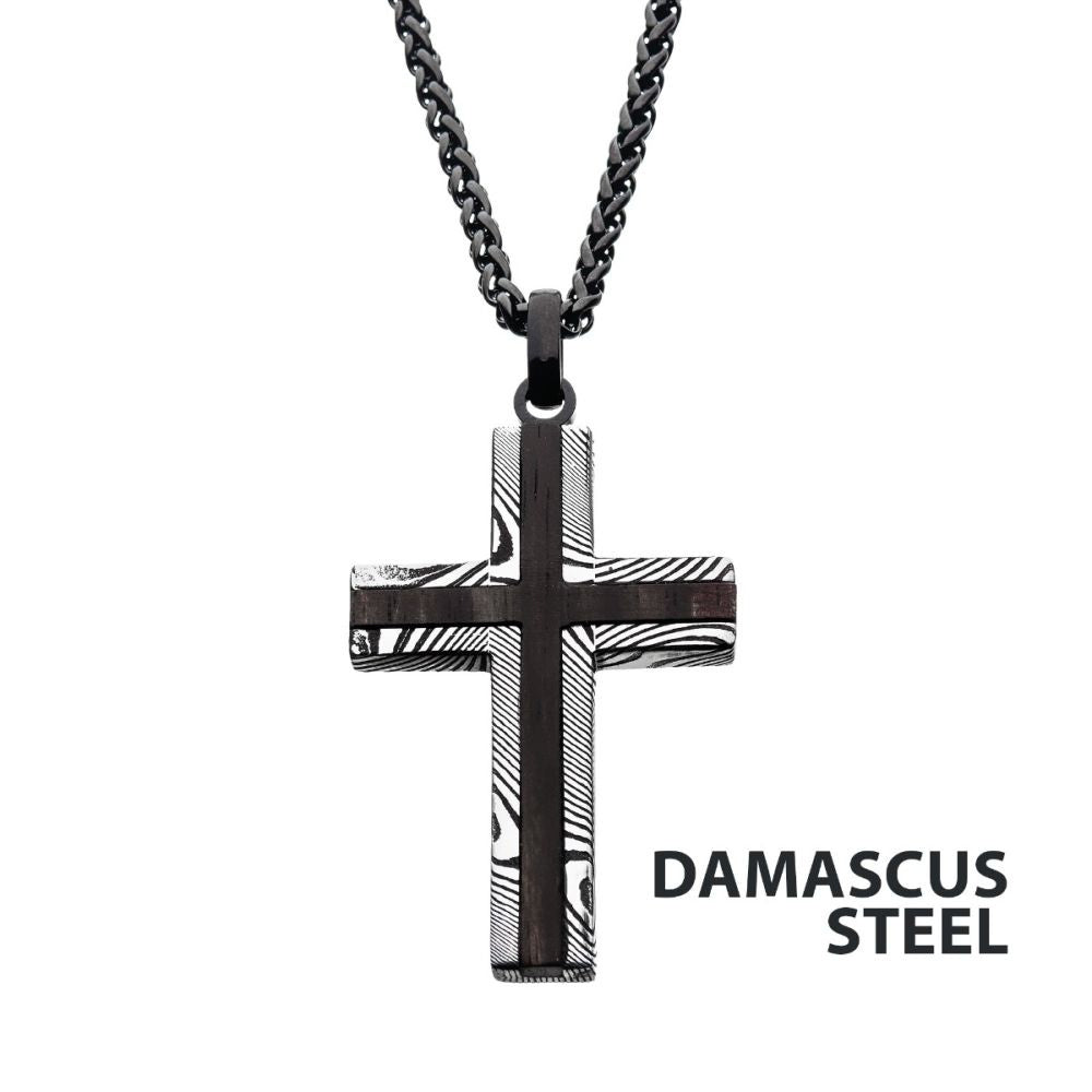 BLACK IP DAMASCUS STEEL CROSS PENDANT