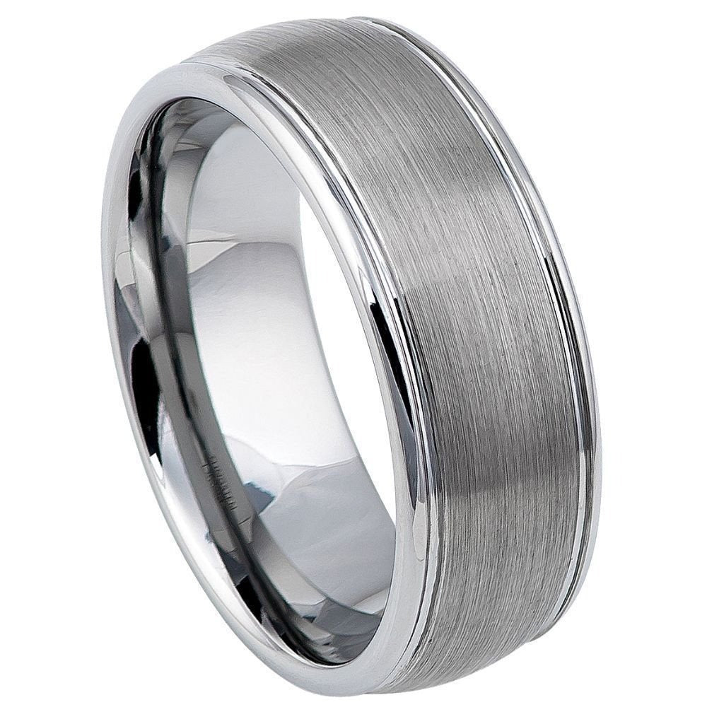 GENTS 8MM TUNGSTEN DOMED BRUSHED CENTER STEPPED EDGE