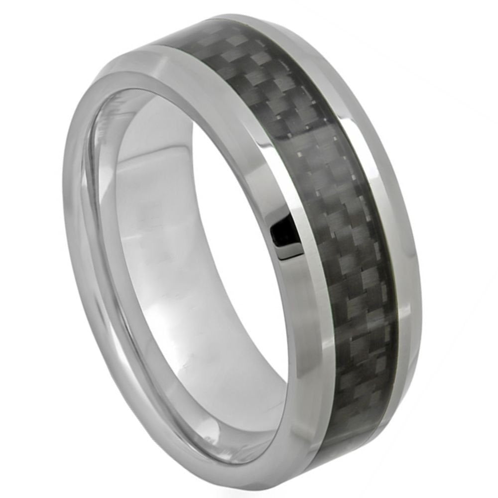 GENTS 8MM TUNGSTEN HIGH POLISHED WITH BLACK CARBON FIBER INLAY