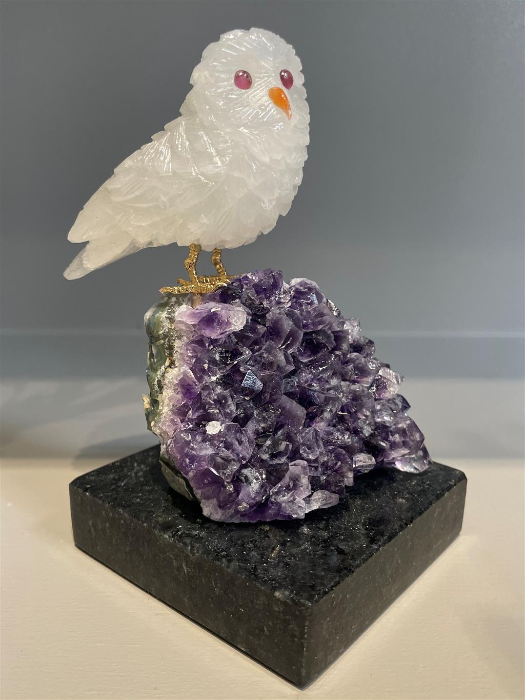 Hand-carved Rock Crystal Owl on Amethyst Crystals