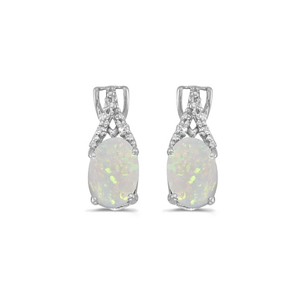 14k White Gold Oval Opal And Diamond Earrings