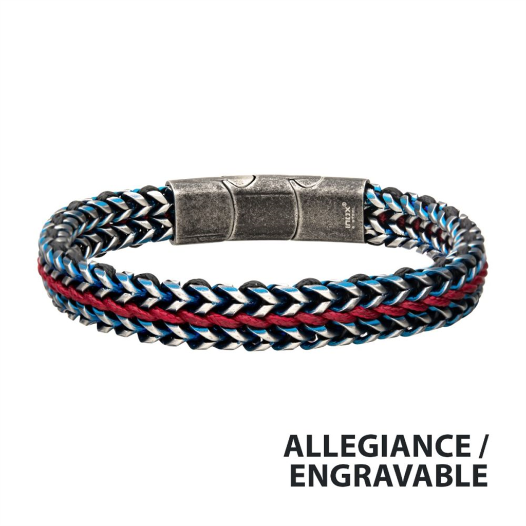 Blue IP Steel Foxtail Chain w/Red Wax Cord Bracelet