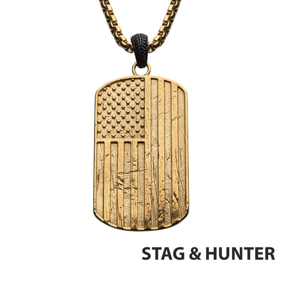 Mens 18k Gold IP American Flag Pendant Necklace