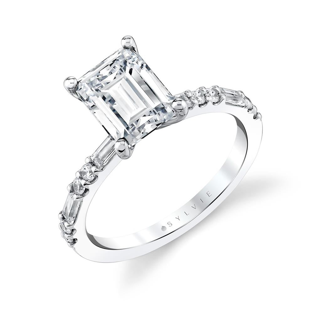 Emerald Cut Alternating Diamond and Baguette Engagement Ring - Tessa