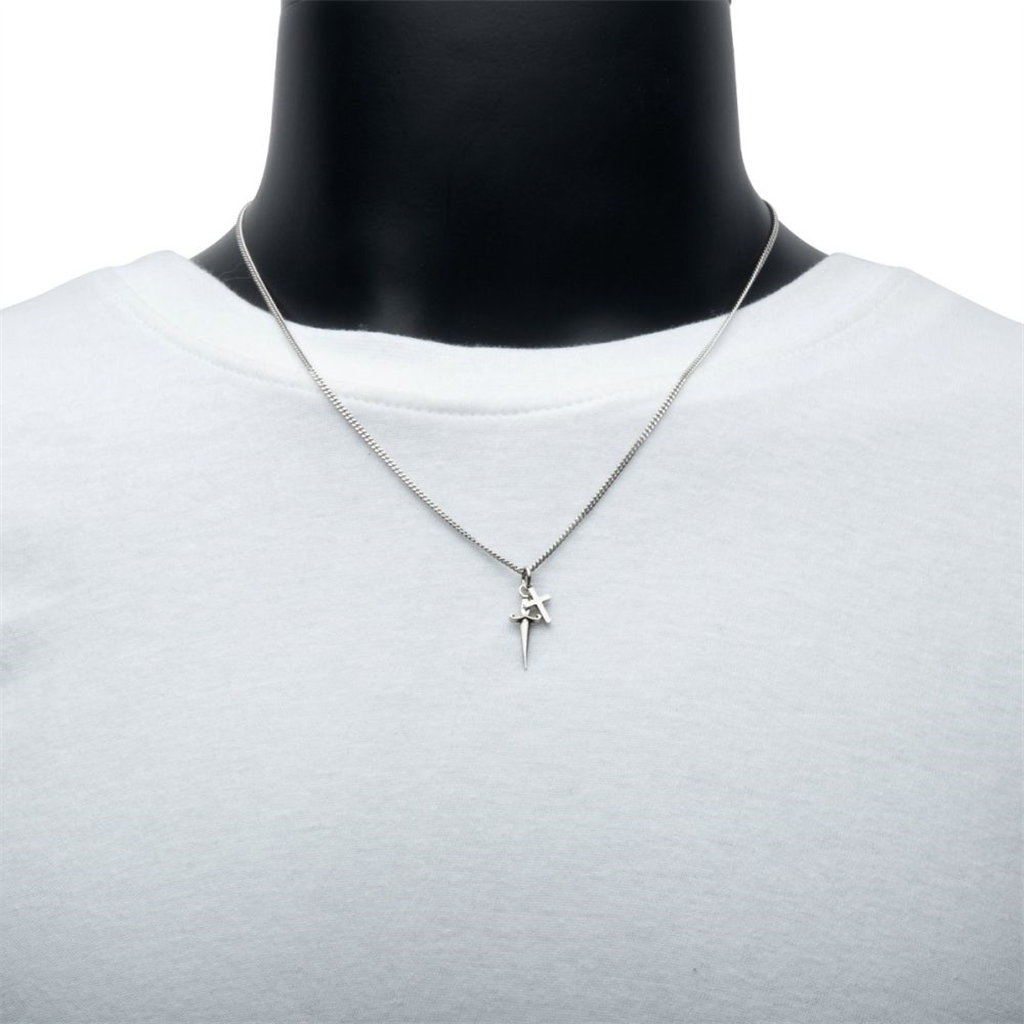 Mens Sterling Silver Dagger & Cross Duo Pendant w/Chain 20/22"