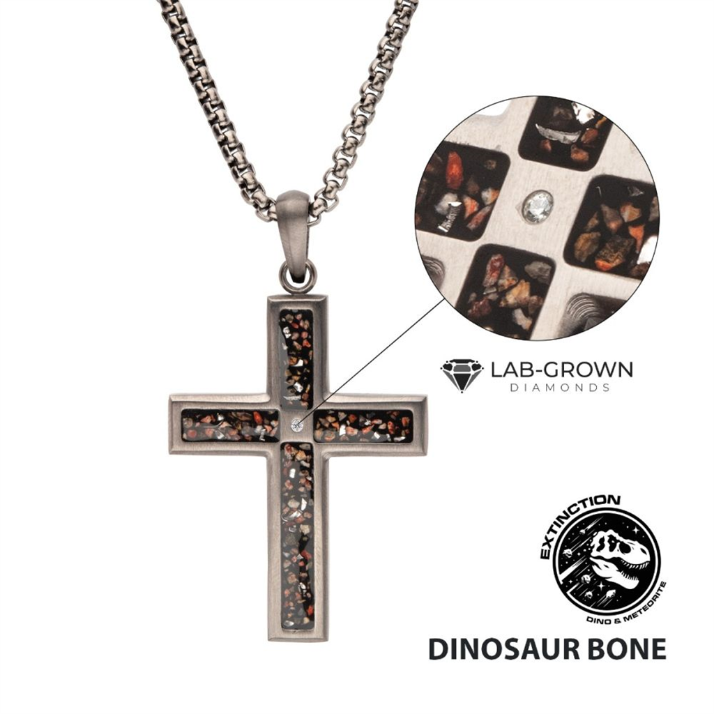 Mens Gun Metal IP Black Dinosaur Bone Inlay w/Lab Grown Diamond Cross Pendant