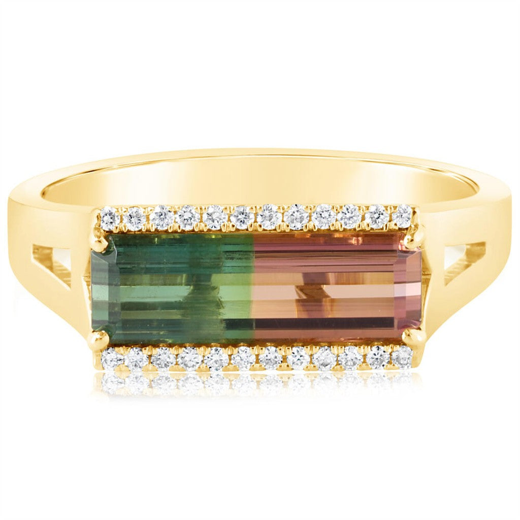 14k Yellow Gold Bi-Color Tourmaline and Diamond Ring