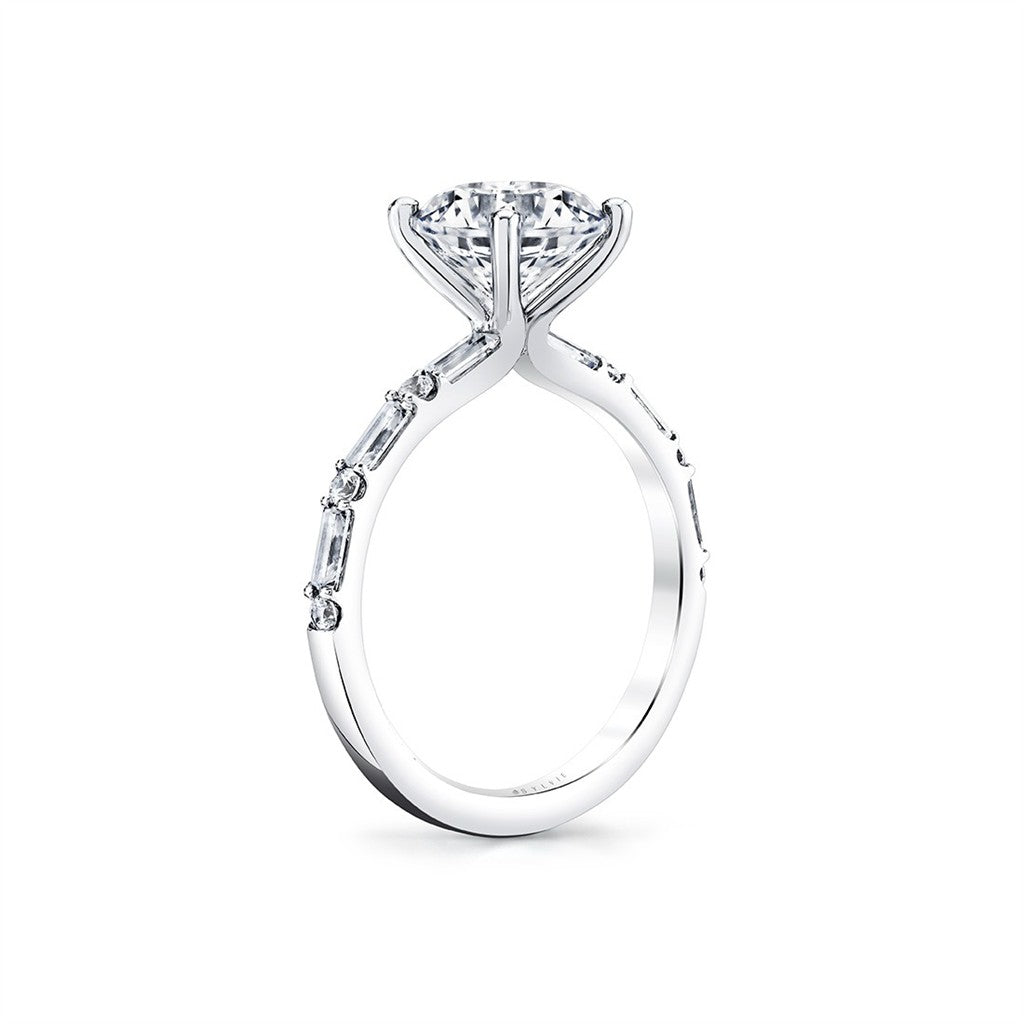 Round Cut Alternating Diamond and Baguette Engagement Ring - Bonnie
