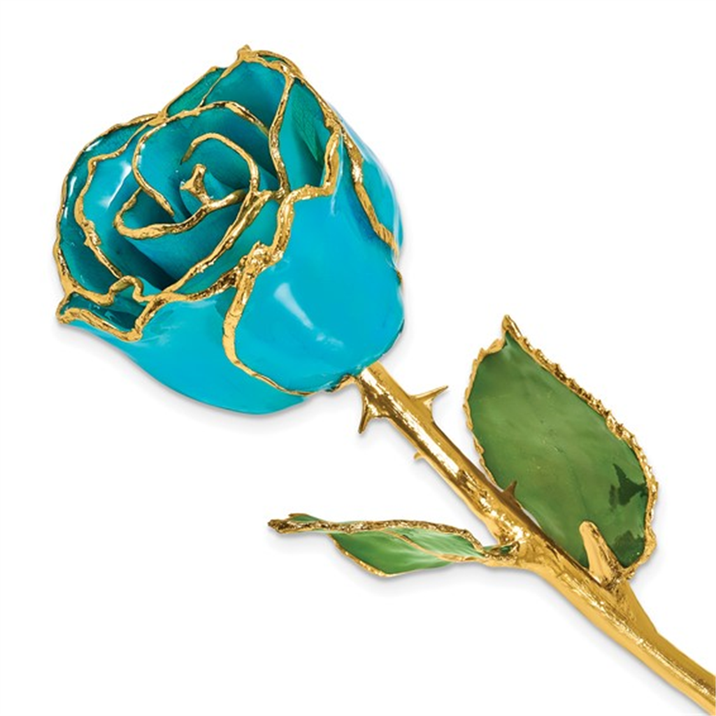 Lacquer Dipped Gold Trim March Birthstone Aquamarine Rose